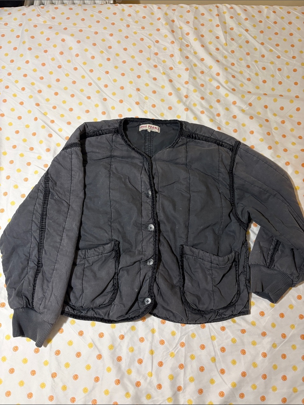 Free People Black Quilted Button-Down Puff Jacket